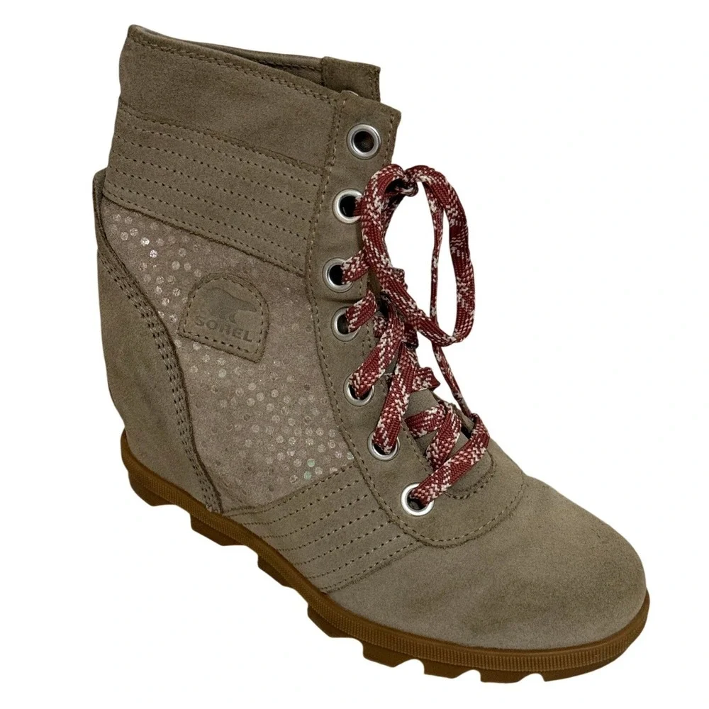 Sorel Kid Joan of Arctic Wedge Boot 4 Taupe Suede Sparkle Chic Gorp NY4556-264